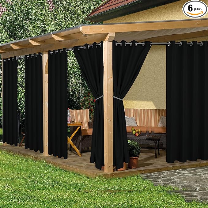 HolidayIdeas Outdoor Curtains for Patio Waterproof, 6 Panels - 54x84 Inches - Weatherproof Privacy Outsides Curtains for Cabana Porch Pergola, Sunlight & UV Blocking (Black, Grommet Top)