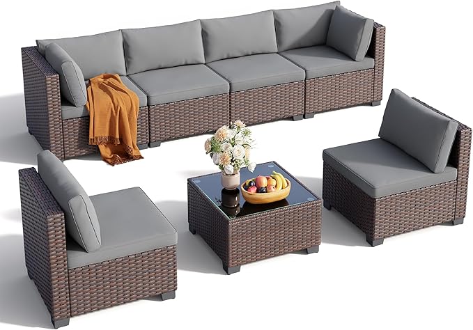 7 Pieces Outdoor Patio Furniture Set, PE Rattan Outdoor Wicker Sectional Furniture Sofa Set, with Cushions and Glass Coffee Table, for Balcony, Porch, Garden, Grey
