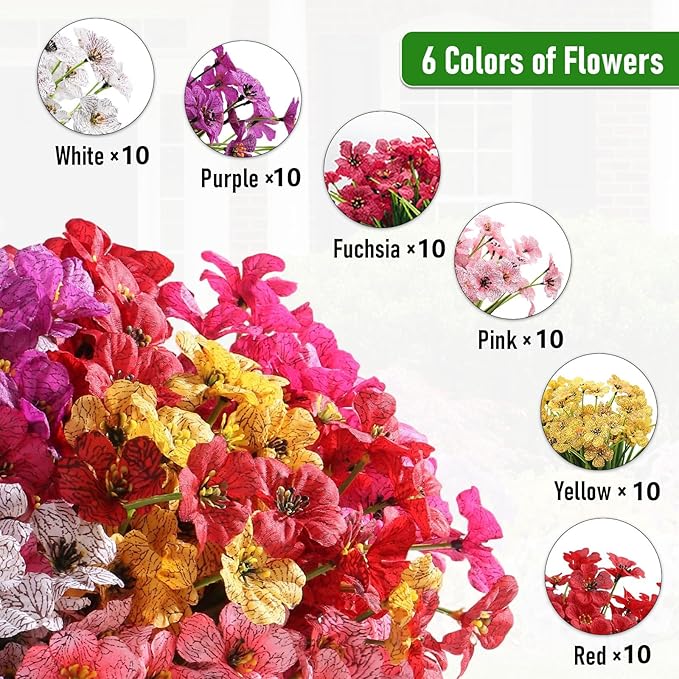 60 Pack Artificial Flowers Outdoor, Faux Silk Flowers for Outdoors Outside Front Porch Hanging Planter Window Box Garden Decoration(Mixed)