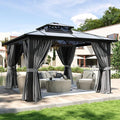 Aoxun 12'x12' Hardtop Gazebo, Aluminum Frame Permanent Pavilion with Curtains and Netting, Outdoor Polycarbonate Double Roof Canopy, Designed for Garden, Lawns, Patio, Gray