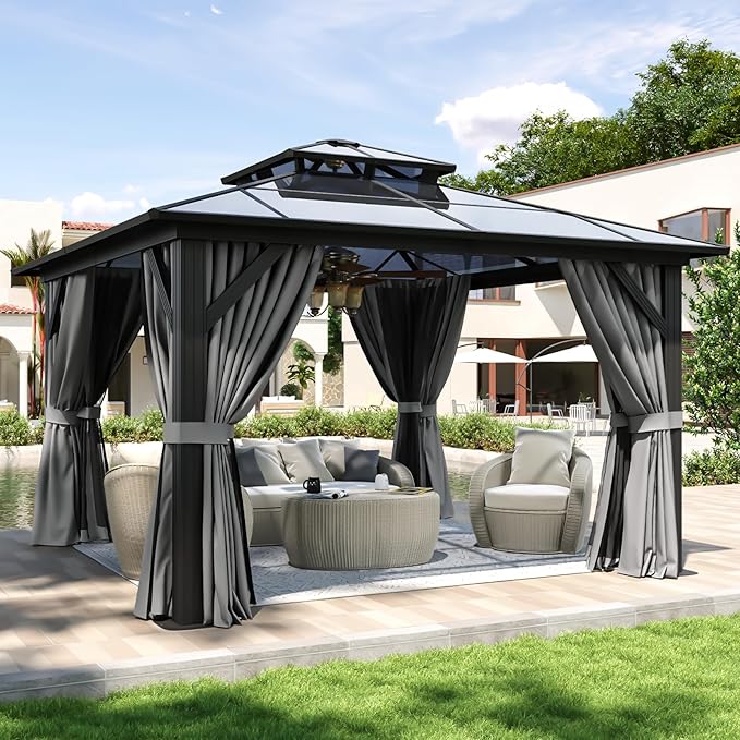 Aoxun 12'x12' Hardtop Gazebo, Aluminum Frame Permanent Pavilion with Curtains and Netting, Outdoor Polycarbonate Double Roof Canopy, Designed for Garden, Lawns, Patio, Gray