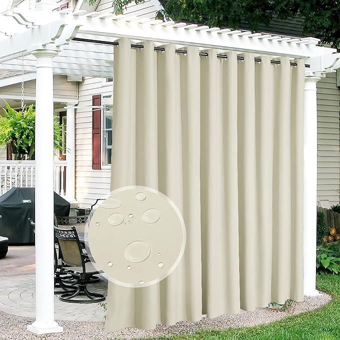 RYB HOME Extra Wide Outdoor Curtains for Patio Waterproof Heavy Duty Thermal Insulated in Summer Full Coverage Privacy for Porch, Cabana & Pool, W150 x L84, Beige, 1 Panel