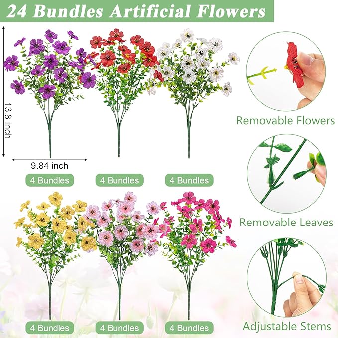Bassion Artificial Flowers for Outdoors, 24 Bundles UV Resistant Fake Flowers Realistic Silk Faux Plants for Outdoor Planter Window Box Porch Patio Garden Home Outside Decorations