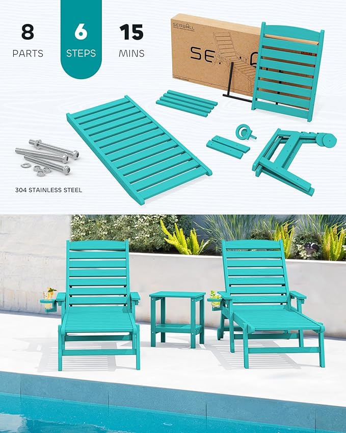 SERWALL Patio Chaise Lounge Chair Set of 2, 78'' Long 5-Positions Adjustable HDPE Outdoor Lounger for Pool, Poly Lounge Chair with Rolling Wheels & Cup Holder for Poolside, Deck, Aqua Blue