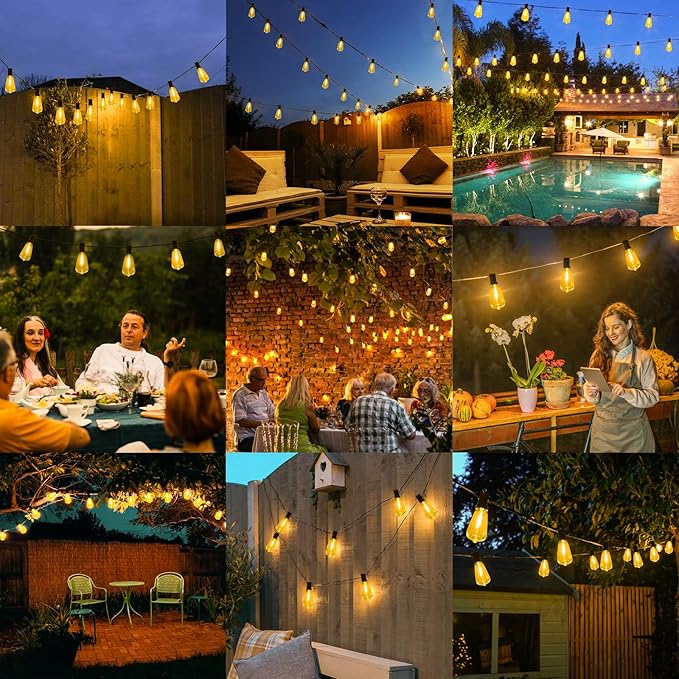 Brightever LED Outdoor String Lights 50FT Patio Lights with 27 Shatterproof ST38 Vintage Edison Bulbs, Outside Hanging Light Waterproof for Porch, Deck, Garden, Backyard, Balcony, 2200K Dimmable