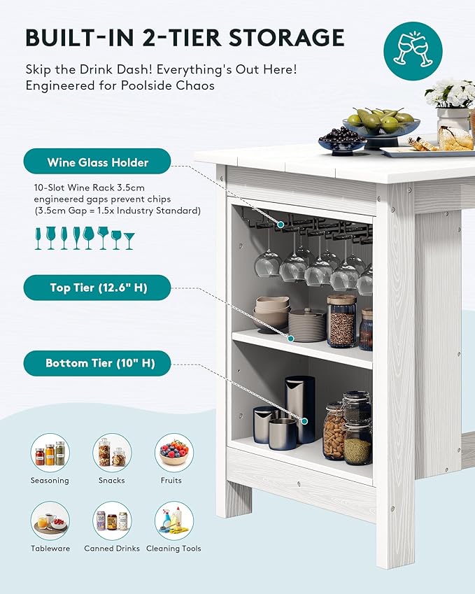 SERWALL 8-Piece HDPE Counter Height Dining Table Sets with Storage and Wine Rack, 2 Rectangular Bar Table with Bar Stools Set of 6 for Garden, Backyard, Kitchen, White