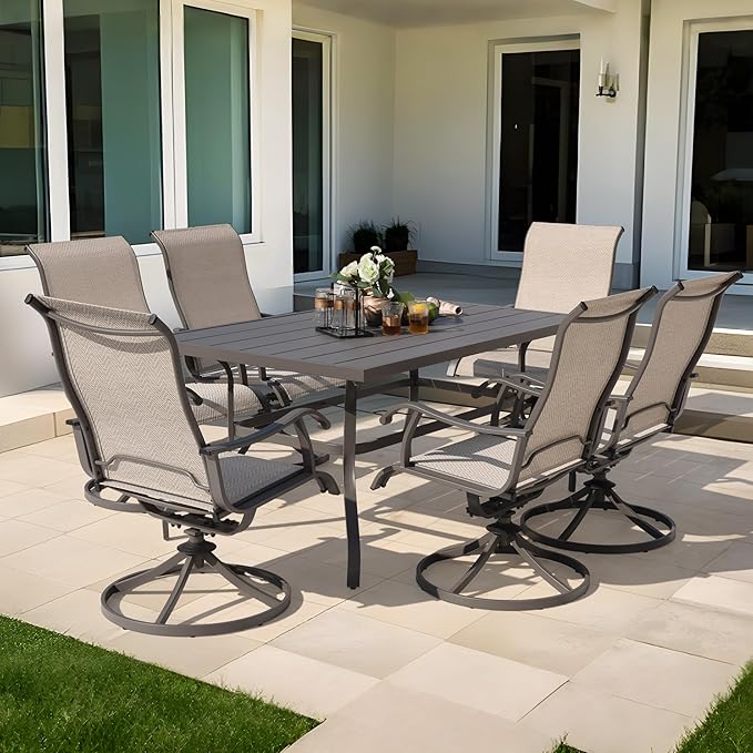 NUU GARDEN 7-Piece Outdoor Dining Set for 6, 61'' x 37'' Rectangle Metal Table with Umbrella Hole & 6PCS Textilene Swivel Chairs, All-Weather Patio Outdoor Furniture for Porch Backyard Garden Poolside