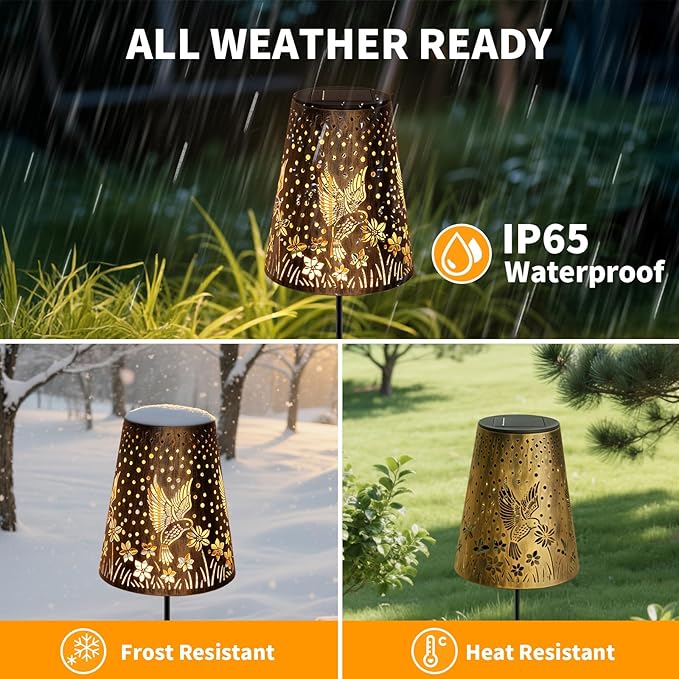 Solar Pathway Lights Outdoor, LED Bright Metal Retro Waterproof, Outside Decorative Hummingbird Lanterns Solar Powered for Path Lawn Patio Yard Walkway (Hummingbird 2P)