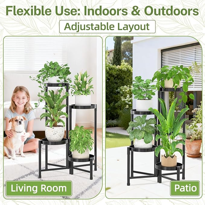 iDavosic.ly Plant Stand Indoor Outdoor, 4 Tier Corner Metal Flower Display Holder Shelf, Easy Assembly Folding Tall Orchid Rack for Patio Balcony Porch Garden Living Room House, Black