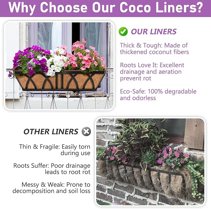 Riare 4 Pack 30 Inch Rectangle Coconut Liners for Planters, Natural Coconut Fiber Planter Liners, Window Box Liner Trough Coco Liner for Outdoor Flower, Garden Wall, Deck & Fence Planter Boxes