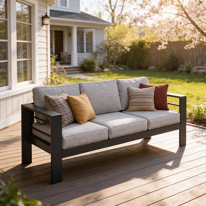 Kiss the Water Outdoor Couch Aluminum Patio Furniture Sofa, 3 Seat All-Weather Metal Patio Couch with 5" Thick and Soft Cushion and Wide Arm, Outdoor Sofa for Balcony, Porch