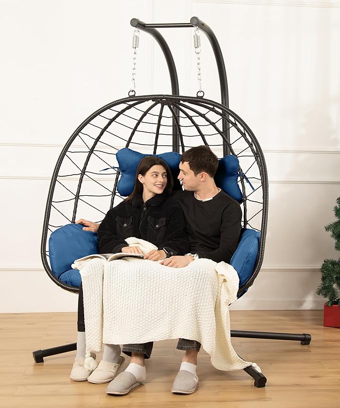 Double Egg Chair with Stand Hammock Swing Chair Foldable Hanging Loveseat, UV Resistant Removable Cushions, 700LBS Capacity for Bedroom, Balcony, Garden(BK-BL)