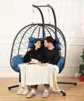 Double Egg Chair with Stand Hammock Swing Chair Foldable Hanging Loveseat, UV Resistant Removable Cushions, 700LBS Capacity for Bedroom, Balcony, Garden(BK-BL)