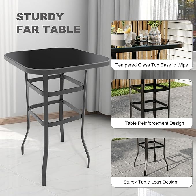 5 PCS Outdoor Bar Set with Outdoor Bistro Table and Chairs Set of 4, Bar Height Outdoor Dining Set, All Weather Mental Textilene High Swivel Bar Stools Chair Set of 4 and High Glass Bar Table