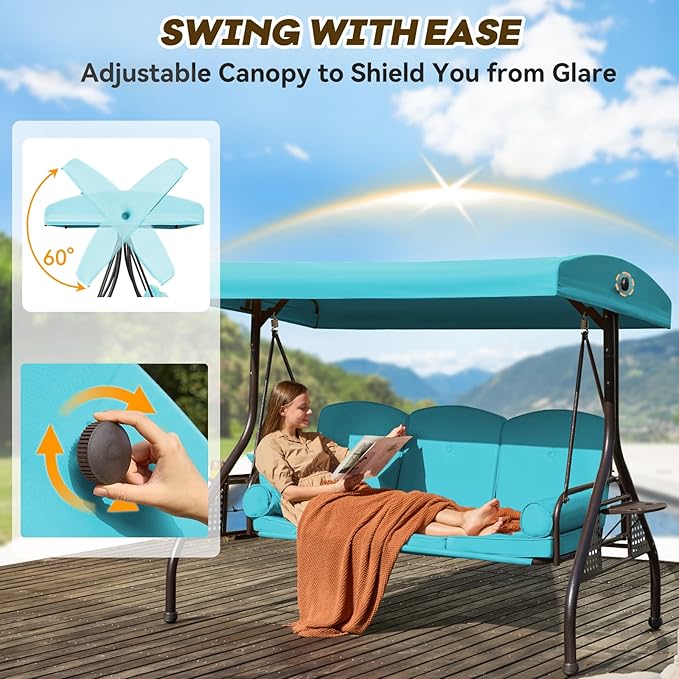3 in 1 Patio Swing with Adjustable Canopy for Adults, 3 Seat Outdoor Swing with Thickened Cushions,Pillows & Cup Holders for Backyard, Porch, Garden (Lake Blue)