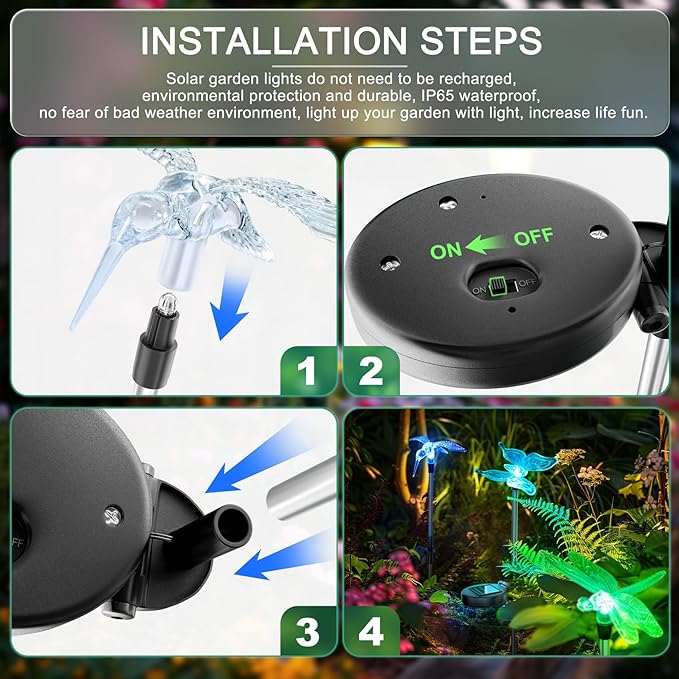 Anordsem Solar Garden Lights Outdoor: 3 Waterproof PVC Insect Stake Light Heads - Changeable Color LED Lighting for Gardener Yard Decoration - Christmas Gifts for Homeowners Over 30