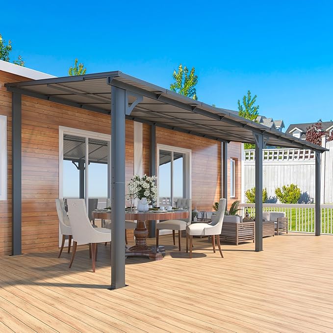 AECOJOY 20' x 8' Outdoor Gazebo for Patio, 8x20 Large Wall-Mounted Hard Top Lean to Metal Gazebo Shelter Pergolas and Gazebos Clearance with Patio Roof, Heavy Duty Awnings for Patio, Decks