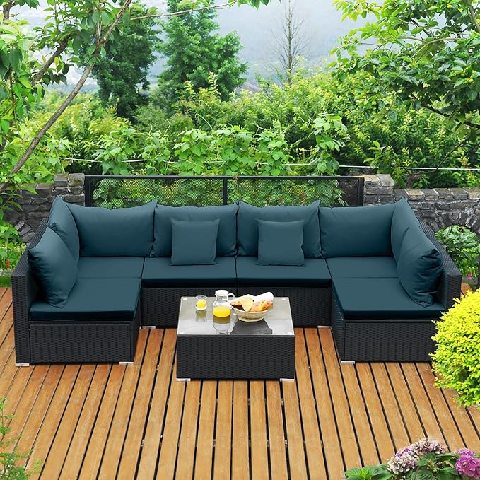 Tangkula 7 Piece Patio Furniture Set, Outdoor Wicker Sectional Sofa with Pillows and Cushions, and Coffee Table, Patio Conversation Set for Garden, Lawn (Peacock Blue)