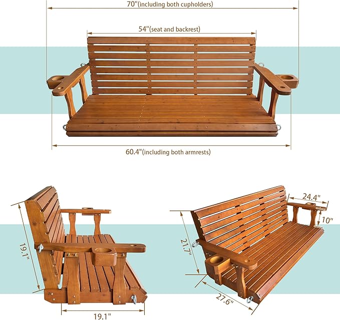 Wooden Porch Swing 3-Seater, Bench Swing with Cupholders, Hanging Chains and 7mm Springs, Heavy Duty 800 LBS, for Outdoor Patio Garden (Warm Teak Color, 5 FT Extra Large)