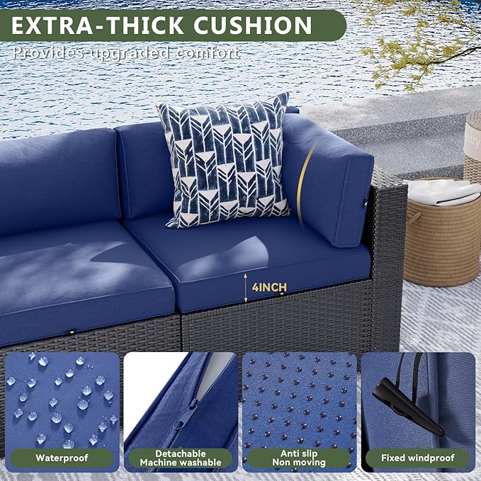 Aoxun 10 Piece Patio Furniture Set Wicker Rattan Patio Sectional Sofa Set Outdoor Seating Furniture with Thickened Cushion, Navy Blue