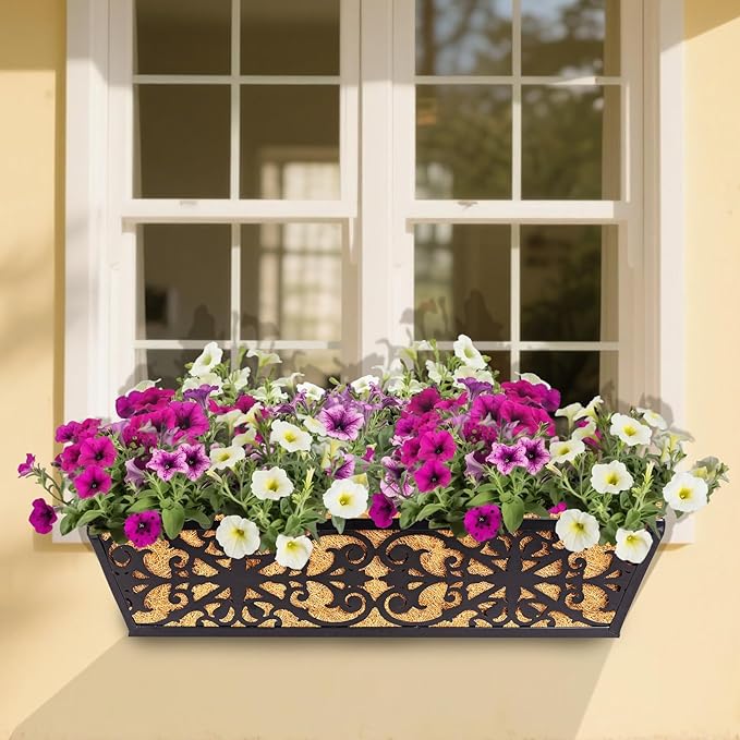4 Pack 24 Inch Window Boxes Planters Railing Planter Box with Adjustable Brackets & Coco Liners Fabric Plant Grow Bags Deck Railing Planter Boxes Balcony Hanging Flower Box for Outdoor Plants
