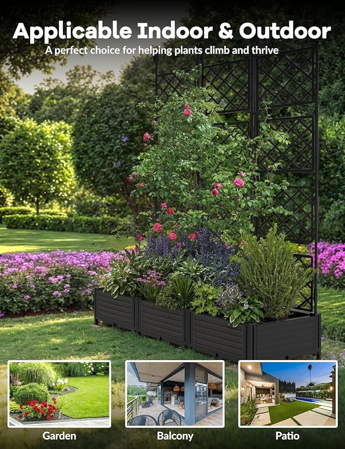 IDEALHOUSE Raised Garden Bed Kit with Trellis, Vertical Metal Planter Box for Small Space, Balcony Privacy Screen for Climbing Plants & Flowers, Patio Vertical Gardening Solution, Black