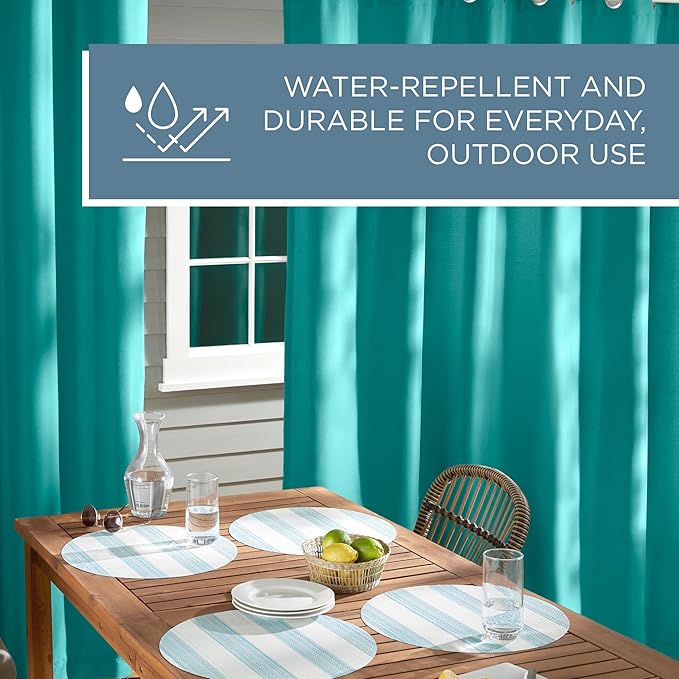 TOWN & COUNTRY BASICS Cabana Solid Heavyweight Indoor Outdoor Curtains, Light Filtering Opacity with Grommet Top, Water Repellent, 2-Pack Set, 54"x120", Teal