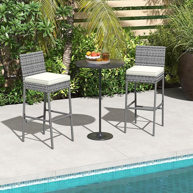 HAPPYGRILL Patio Wicker Barstools Set of 2, Outdoor Bar Height Chair w/Soft Seat Cushion & Cozy Footrest, Heavy-Duty Metal Frame, 400 lbs Max Load, Rattan Armless Bar Chairs