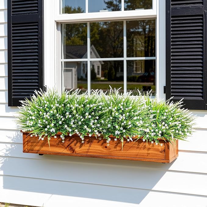 HyeFlora 20 Bundles Artificial Fake Outdoor Plants Flowers for Spring Decoration, UV Resistant Realistic White Plastic Flowers Faux Plant Monkey Grass for Planter Home Garden Porch Patio Window Box