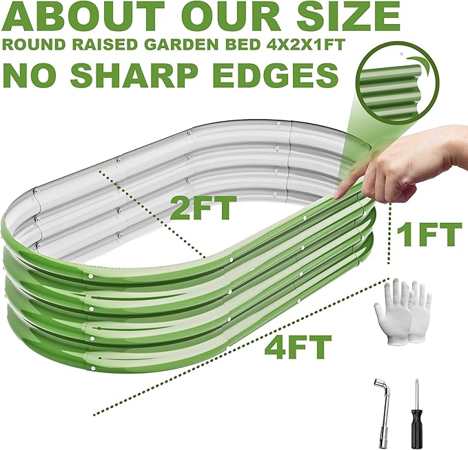 4x2x1ft-2pcs-Oval Raised Garden Bed Kit, Galvanized Planter Garden Boxes Outdoor, Metal Raised Garden Beds for Vegetables,Fruits, Flower,Green
