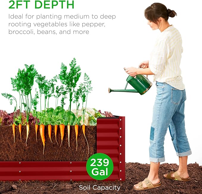 Best Choice Products 8x2x2ft Raised Outdoor Metal Garden Bed, Deep Root Box Planter for Vegetables, Flowers, Herbs, 240 Gallon Capacity, 100% Non Toxic Materials - Royal Red