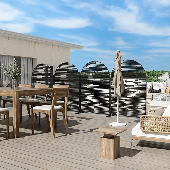 Casaphoria 72" H x 47" W Arched Metal Privacy Screen - Elegant Freestanding Outdoor Screen for Deck, Patio & Balcony - Versatile Decorative Privacy Panels for Home & Garden Use，Black-Shine