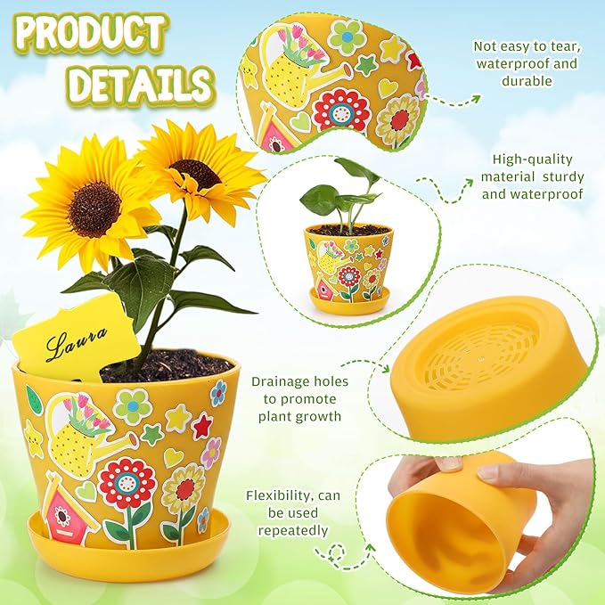 Capoda 48 Sets Garden Flower Pots Crafts Kit DIY Spring Plastic Seedling Nursery Pots with Stickers Plant Labels Growth Charts Planting Growing Tools Classroom Activities Project Gifts (Colorful)