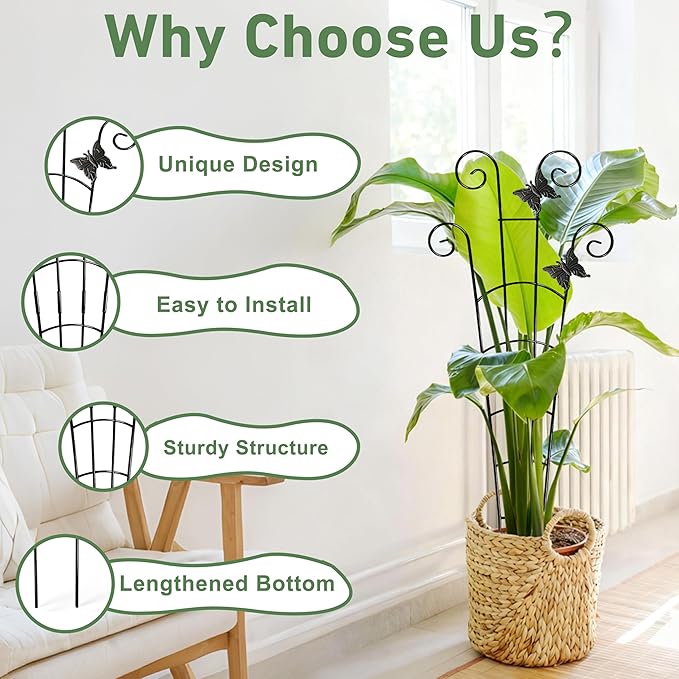 30'' Larger Plant Trellis with Ties Indoor, Expandable Metal Trellis for Climbing Plants Indoor, House Plant Climbing Support for Flowers Vine Ivy Monstera Hoya Pothos, 2P