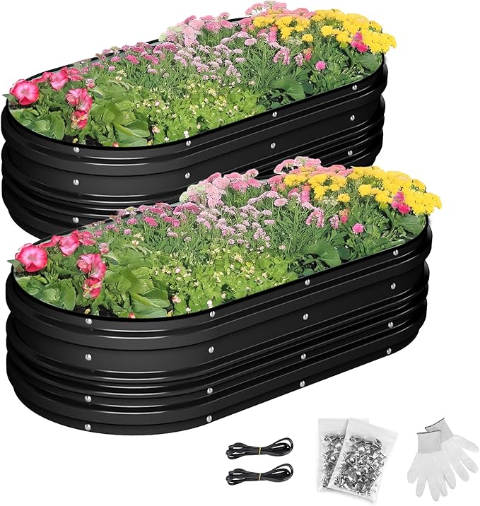 WORKPRO 2PK 4x2x1ft Outdoor Galvanized Raised Garden Bed Kit, Rust & Corrosion Protection, Easy Assembly, Safe Edge, Ideal for Vegetables & Flowers, Black