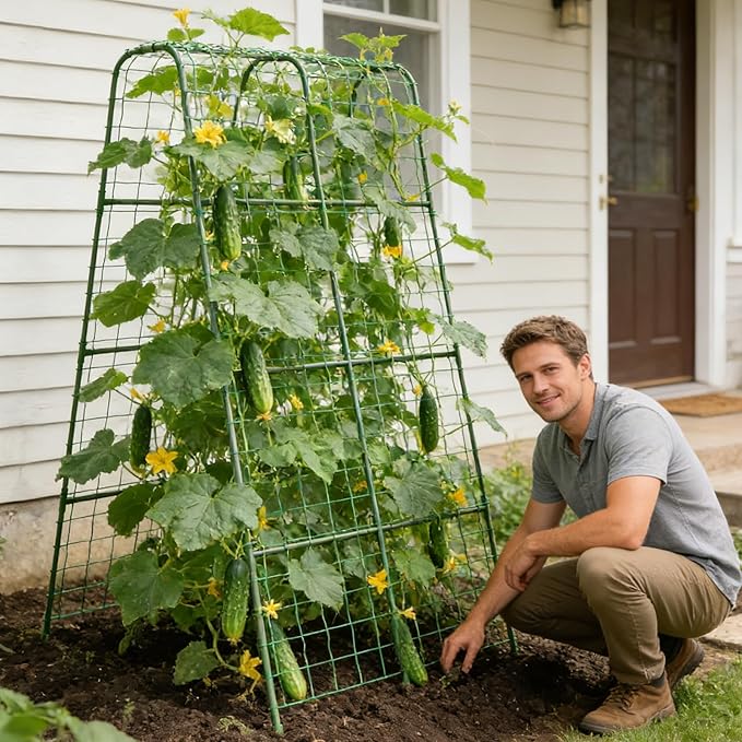 Miory Cucumber Trellis for Raised Beds, 32 x 63 Inch Metal U-Frame Garden Trellis for Climbing Plants Outdoor with Climbing Net, Plant Support for Cucumber Tomato Bean Pea