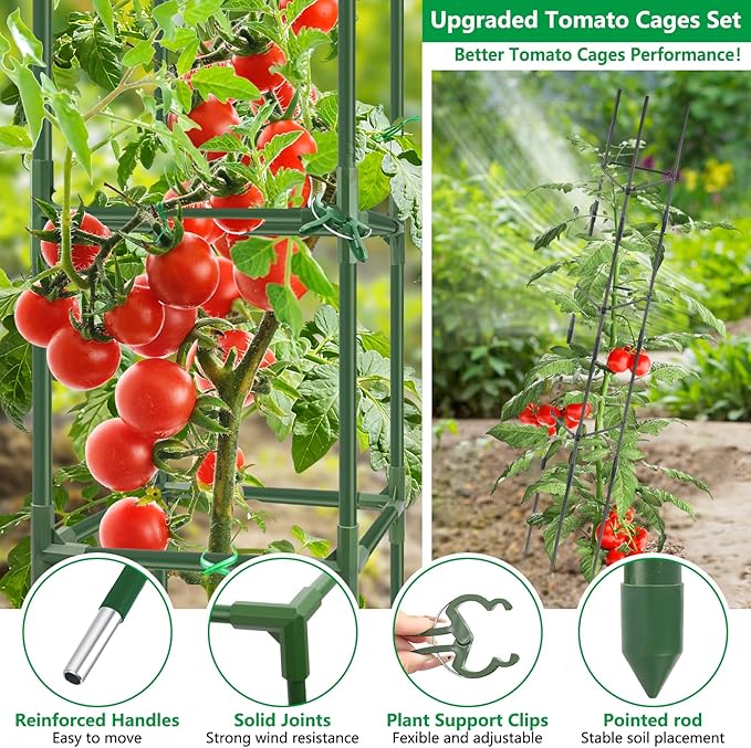 3 Set Square Tomato Cages with 18 Gallon Grow Bags, 49'' Tall Heavy Duty Steel Tomato Trellis Kit for Garden, Plant Support Tower Stakes Cucumber Pepper Trellis for Climbing Vegetable Flowers