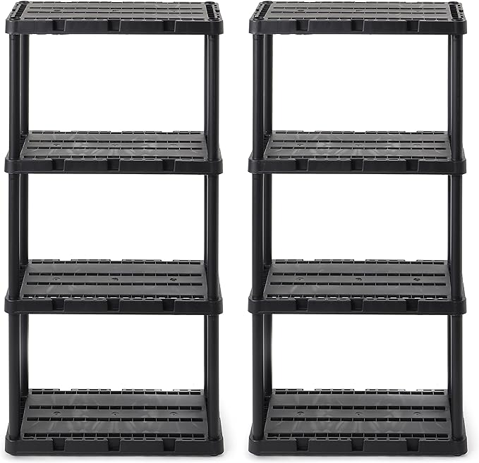 Gracious Living 2 Pack Light Duty Storage Shelves, Knect-A-Shelf 4-Shelf Ventilated Shelving Rack Organizer for Home, Garage, Basement & Laundry, Black