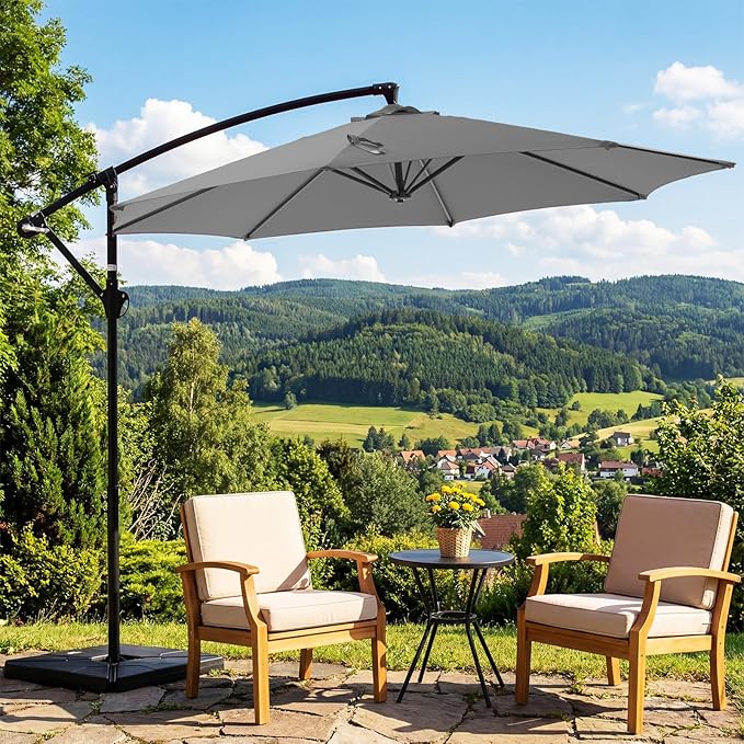 OLIXIS 9.7FT Offset Patio Umbrella with Base, Cantilever Table Umbrellas for Outdoor Sun Shade UV Protection with Easy Tilt Adjustment, 8 Ribs for Backyard, Lawn, Garden, Pool - Grey