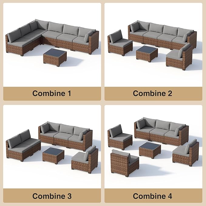 7 Pieces Patio Furniture Set, Outdoor Sectional Rattan Sofa Set, Wicker Patio Conversation Set with Cushions and Glass Coffee Table, for Balcony, Porch, Garden, Grey