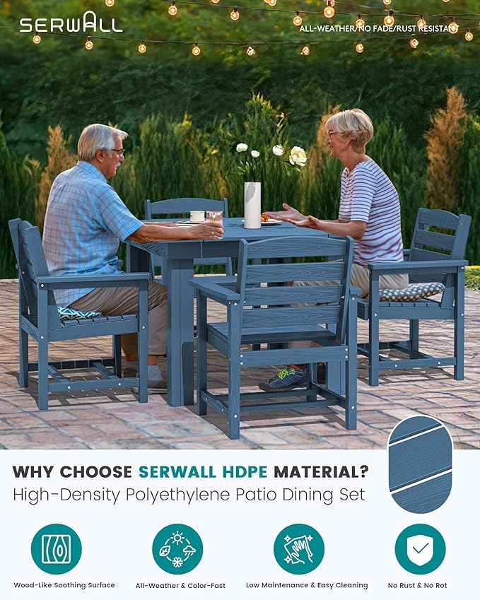 SERWALL Outdoor Dining Set for 4, HDPE Square Table and Chairs Set All Weather Patio Dining Set, 5-Piece Patio Dining Furniture for Deck, Blue
