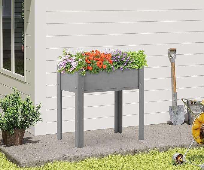 SoliWood Set of 2 Raised Garden Bed with Legs, 31x16x31'', Outdoor Wood Elevated Planter Box, Grey Cedar, Thick Legs, w/Liner