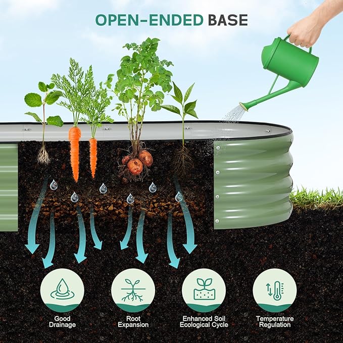 Galvanized Raised Garden Bed - 6×2×1ft Planter Raised Beds for Gardening | Oval Metal Garden Planter Box with Safety Edging and Gloves for Vegetables Fruits and Flower OliveGreen