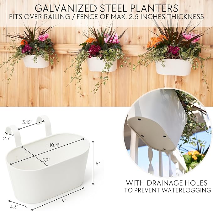 Beautiful Hanging Flower Pots for Outside Railing Or Fence - Stylish Set of 3 Outdoor Planters For Any Balcony, Porch or Deck - Window Planter Boxes Are Perfect to Grow Fresh Herbs & Flowers at Home