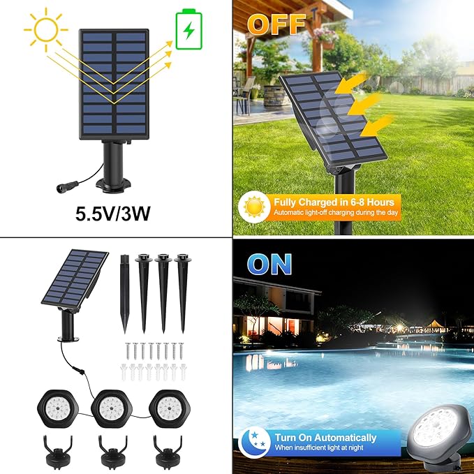Solar Pond Lights, 18 LED Super Bright Underwater Spotlights LED Submersible Pond Light IP68 Waterproof Fountain Lights for Fish Aquarium Tank Garden Yard Pool Decor Cold White (3-in-1)