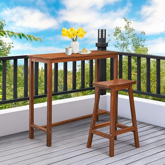 VINGLI Wooden Outdoor Bar Table, Wood Patio Counter Height Table, Weather-Resistant Patio Pub Table for Garden, Balcony, Poolside, Backyard, Indoor Use (Brown, 45")