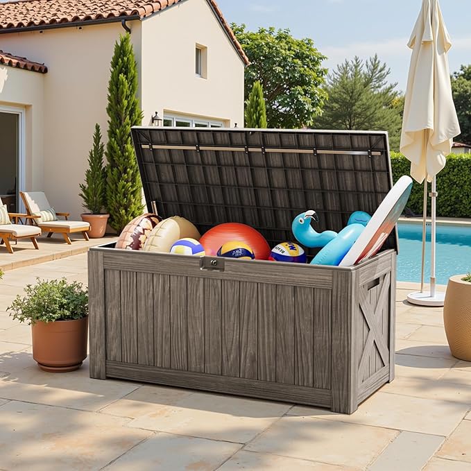 Greesum Outdoor Storage Box 120 Gallon Storage Bin with Lid for Patio Furniture, Garden Tools, Pool Supplies, Lockable, Waterproof and UV Resistant, Coffee