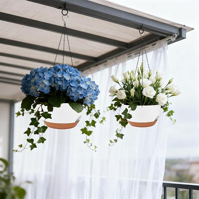 Set of 2-8 Inch Self Watering Hanging Planters for Indoor Outdoor，Hanging Plant Pots with Drainage & Removable Tray, Hanging Pots Holder for Ivy, Pothos, Ferns, Balcony & Patio, White Brown