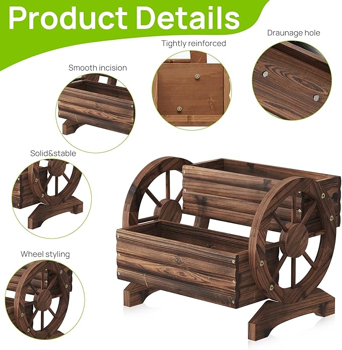 Wooden Wagon Planter Wooden Flower Cart with Wheels Outdoor Garden Planter, Decor Planter for Patio Balcony Decoration Succulent Flower Pot for Indoor Backyard Balcon planters (Carbonized)