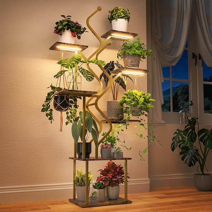 Bstrip 63 Inch Plant Stand with Grow Light, 7-Tier Indoor Plant Shelf with Hanging Hooks, Decor Corner Plant Stand for Living Room & Patio, Gold
